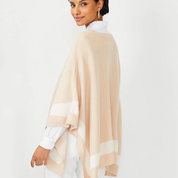 Ann Taylor V Neck Beige with Cream Stripe Poncho NWT - Picture 2 of 10